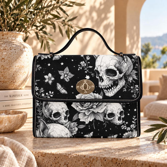 Rose skull pattern satchel, black floral crossbody purse, eerie butterfly print handbag