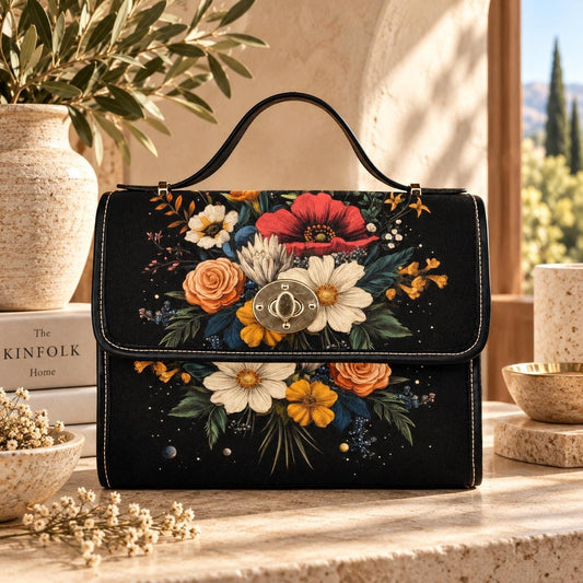 Dark Floral Satchel Purse, Vintage Bouquet Top Handle Handbag