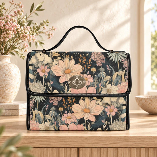 Celestial Floral Satchel Bag, Planet Print Top Handle Purse, Dark Academia Handbag