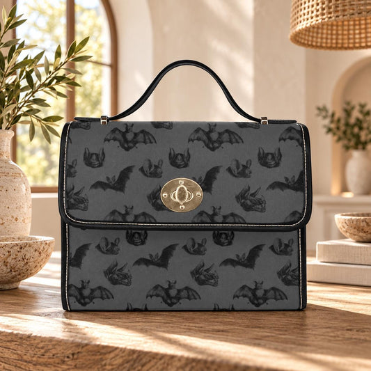 Black Bat Satchel Purse, Gothic Style Handbag, Dark Print Everyday Shoulder Bag