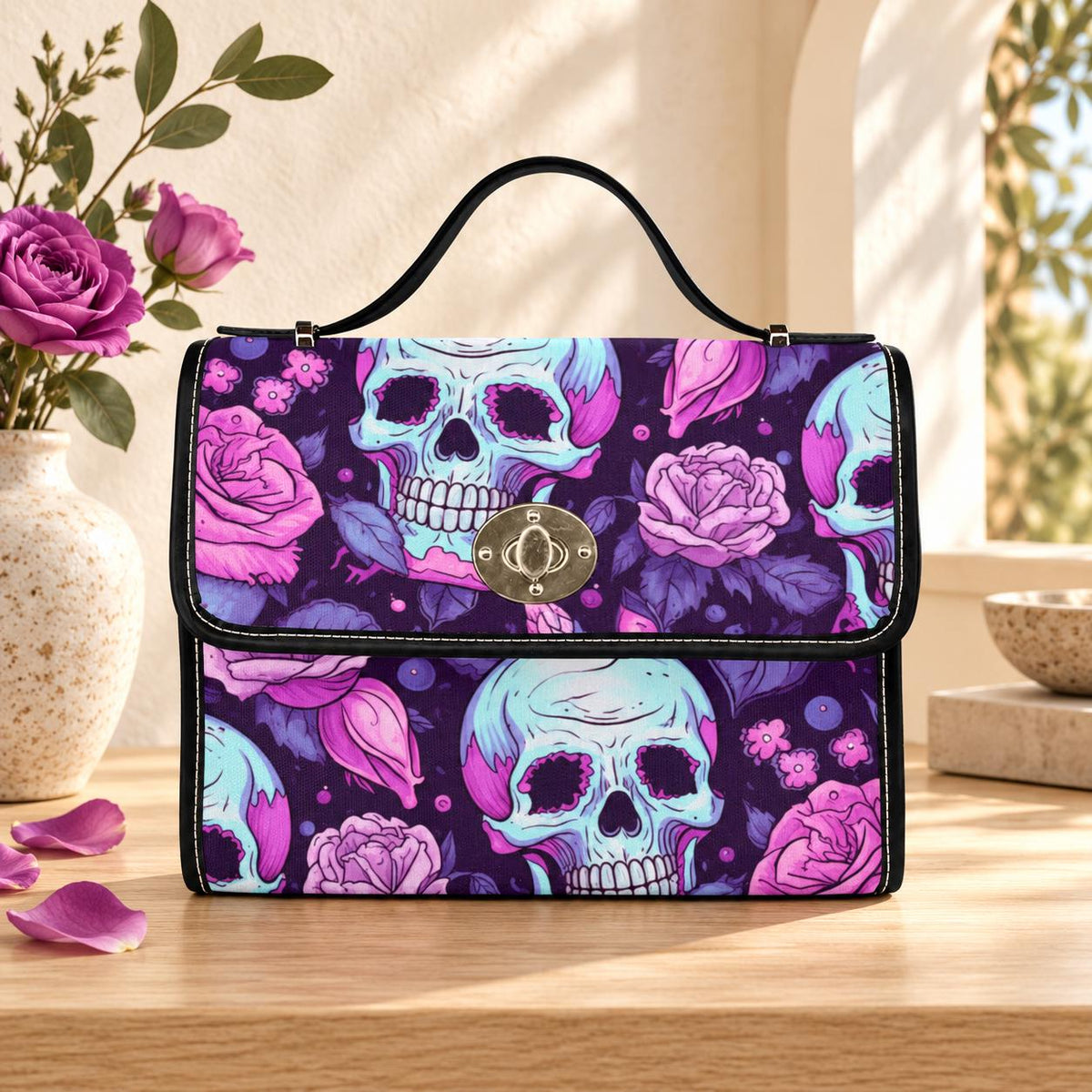 Pastel Skull Floral Crossbody Bag, Soft Goth Handbag, Witchy Accessory