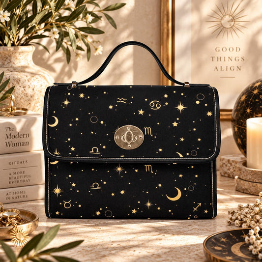 Zodiac Constellation Purse – Gold Astrology Symbols & Stars Pattern