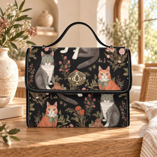 Vintage Cat Clutch Purse, Dark Floral Top Handle Bag, Whimsical Pet Lover Handbag