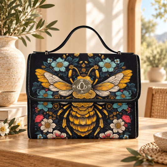 Bee floral handbag, top handle purse, dark botanical bag