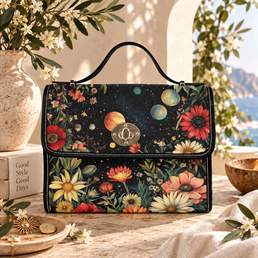 Celestial Floral Handbag, Planet Print Top Handle Purse, Boho Astrology Statement Bag