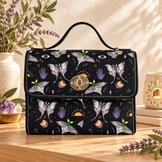 Celestial Moth Handbag, Witchy Top Handle Purse, Butterfly Moon Dark Academia Bag