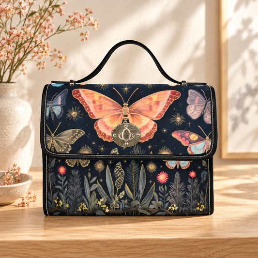 Butterfly Garden Handbag, Botanical Top Handle Purse, Cottagecore Statement Bag