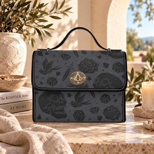 Gothic Skull Purse with Rose Print, Tattoo Flash Handbag, Dark Academia Top Handle Bag