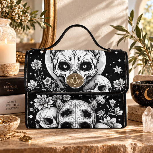 Gothic Skull Purse, Celestial Witch Satchel, Black White Top Handle Handbag