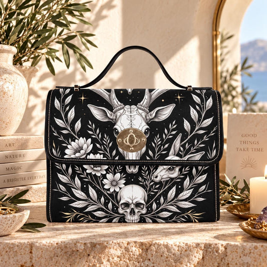 Celestial Skull Satchel Bag, Gothic Deer Floral Top Handle Purse