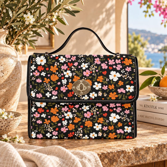 Floral Top Handle Satchel, Retro Wildflower Canvas Crossbody Bag