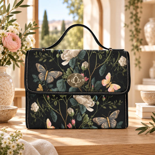Butterfly Floral Handbag, Dark Cottagecore Purse, Botanical Top Handle Satchel