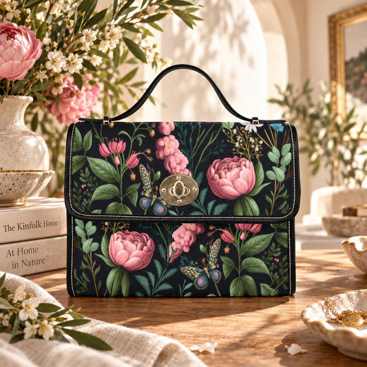 Dark Floral Top Handle Bag, Butterfly Botanical Purse, Romantic Goth Evening Handbag