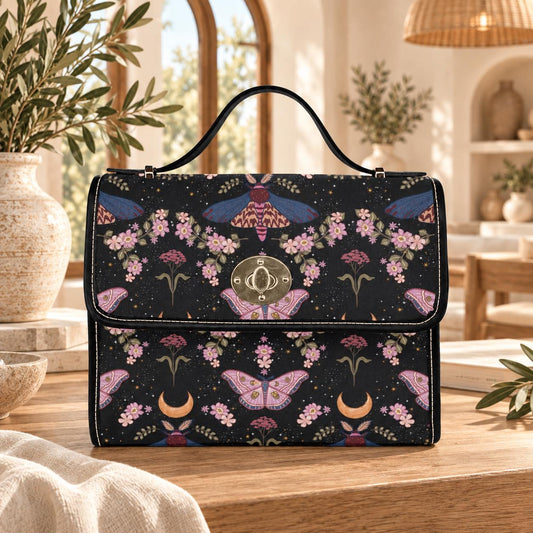 Moon Moth Top Handle Bag, Celestial Floral Satchel, Dark Romantic Handbag