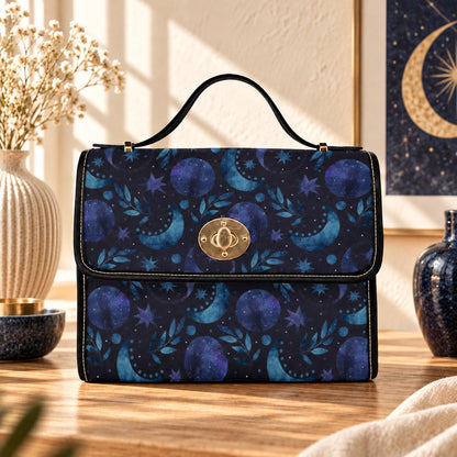Blue Celestial Top Handle Bag, Moon Stars Purse, Night Sky Handbag