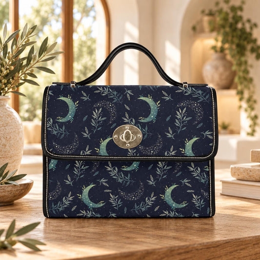 Celestial Moon Satchel Bag, Navy Botanical Crossbody Purse for Astrology Lovers