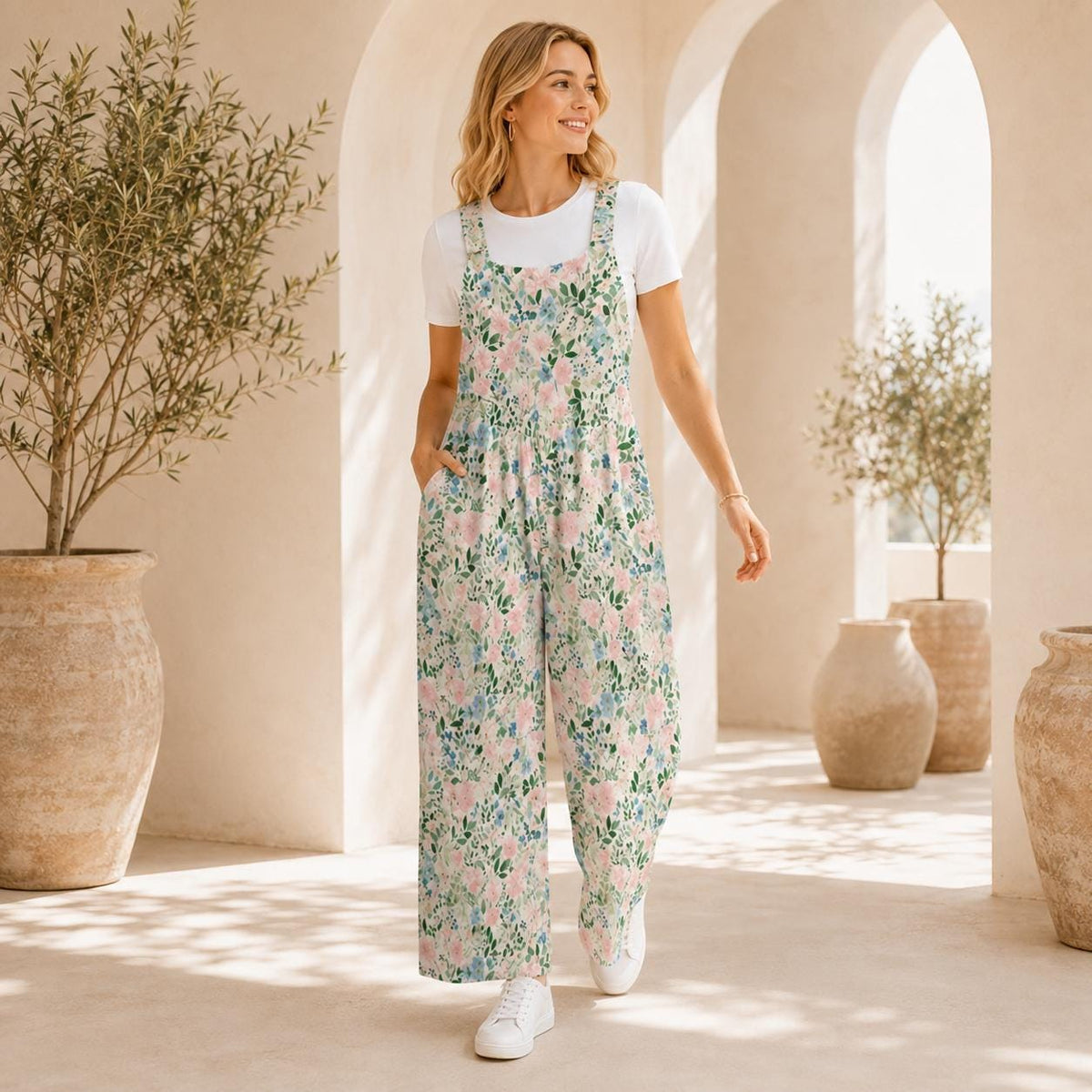 Floral Wide Leg Jumpsuit: Blush Pink Cottage Garden Print, Pockets, Relaxed Fit