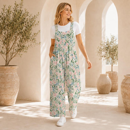 Floral Wide Leg Jumpsuit: Blush Pink Cottage Garden Print, Pockets, Relaxed Fit