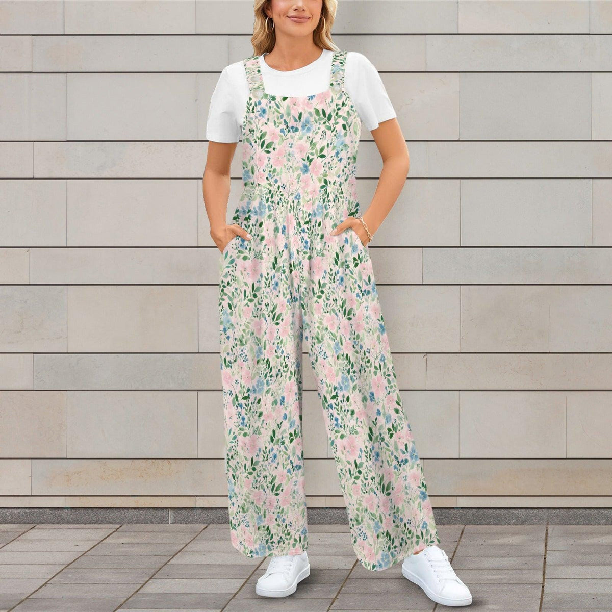 Floral Wide Leg Jumpsuit: Blush Pink Cottage Garden Print, Pockets, Relaxed Fit