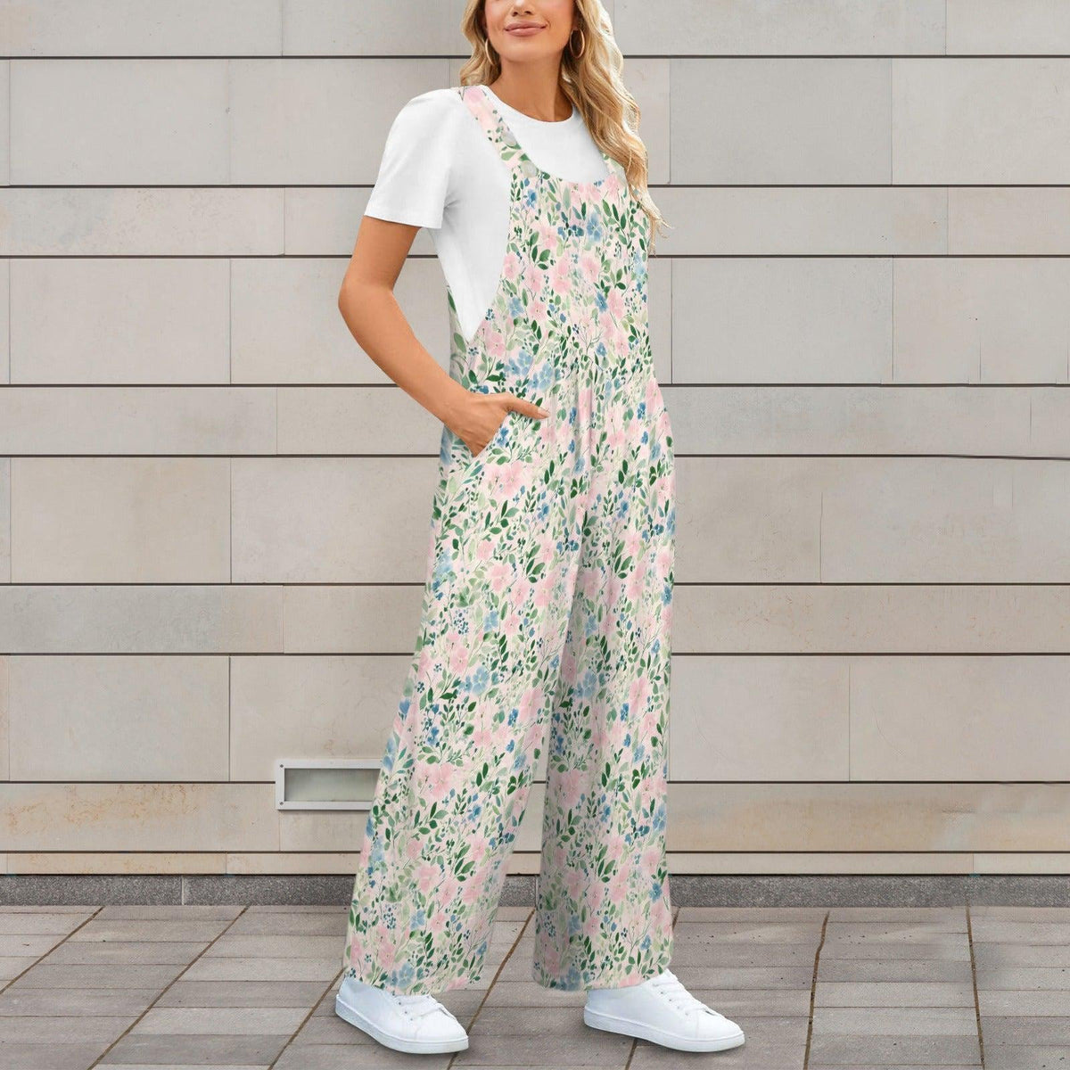 Floral Wide Leg Jumpsuit: Blush Pink Cottage Garden Print, Pockets, Relaxed Fit