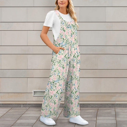 Floral Wide Leg Jumpsuit: Blush Pink Cottage Garden Print, Pockets, Relaxed Fit