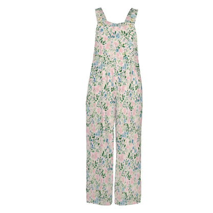 Floral Wide Leg Jumpsuit: Blush Pink Cottage Garden Print, Pockets, Relaxed Fit