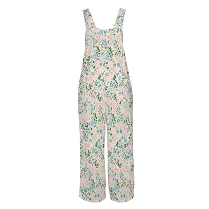 Floral Wide Leg Jumpsuit: Blush Pink Cottage Garden Print, Pockets, Relaxed Fit