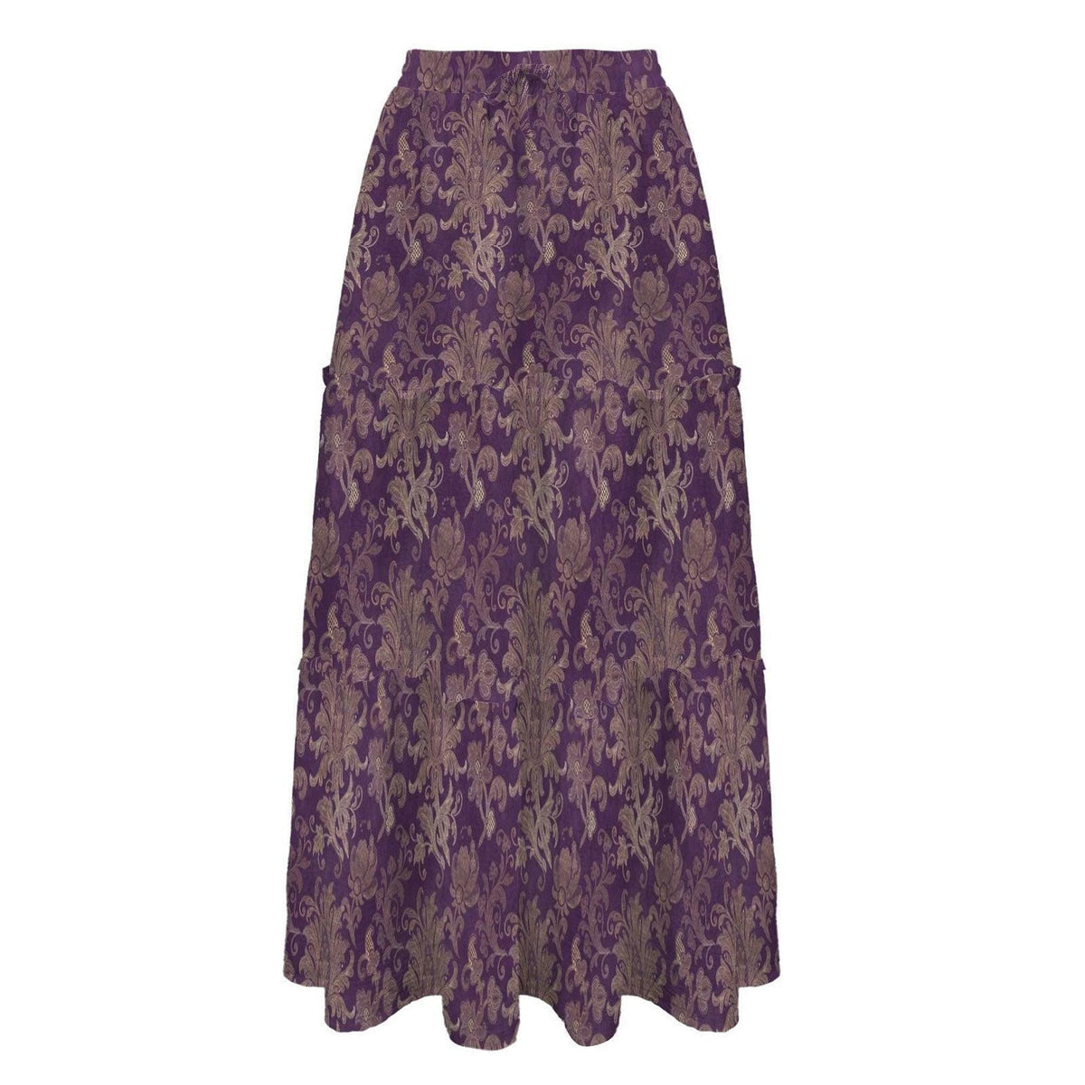 A purple tiered maxi skirt featuring a beige damask print shown flat against a white background.