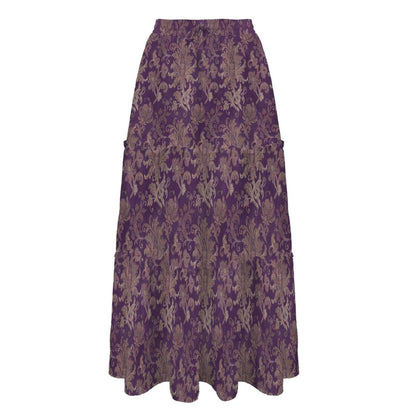 A purple tiered maxi skirt featuring a beige damask print shown flat against a white background.