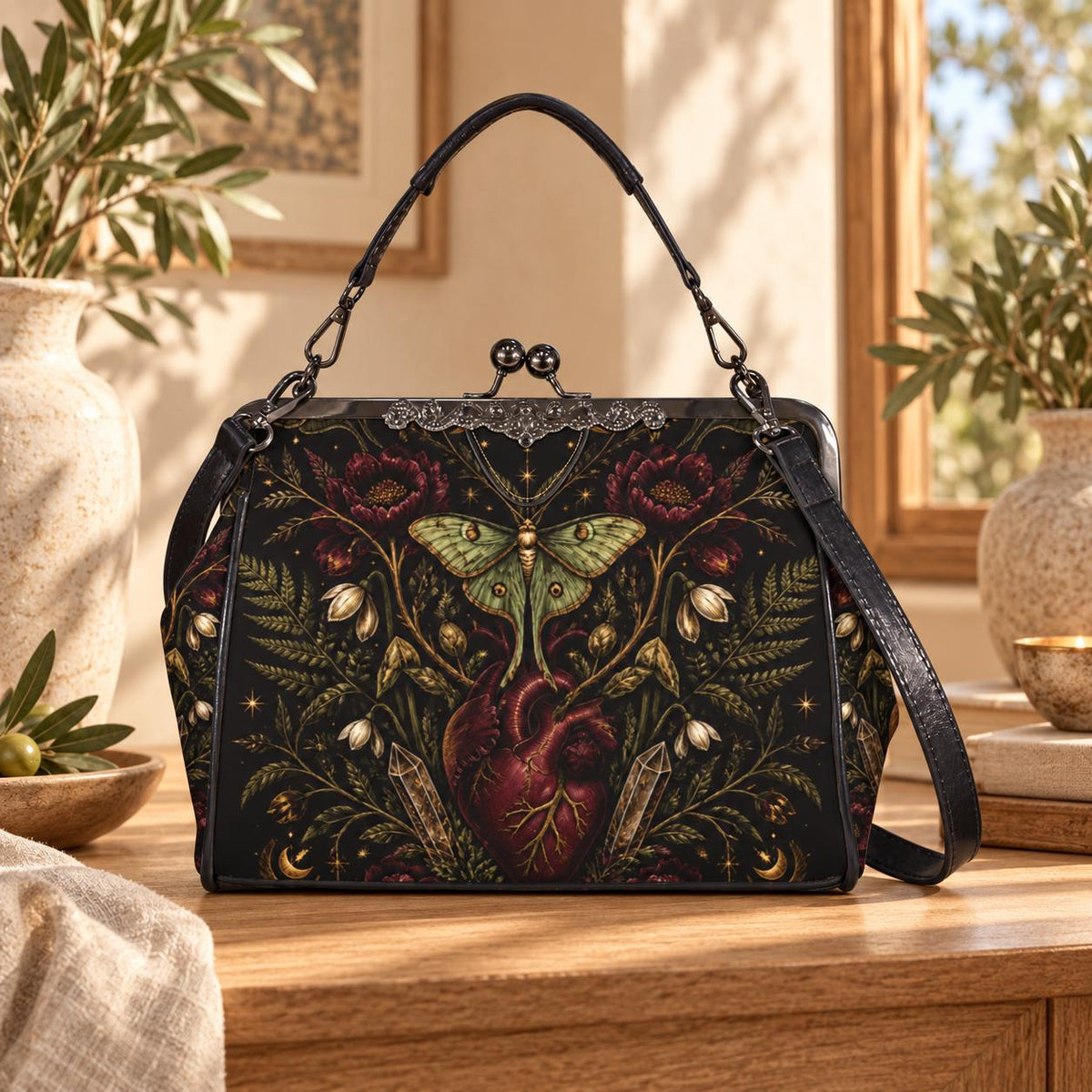 Luna Moth Anatomical Heart Kiss Lock Handbag with Gothic Botanical Print and Crossbody Strap