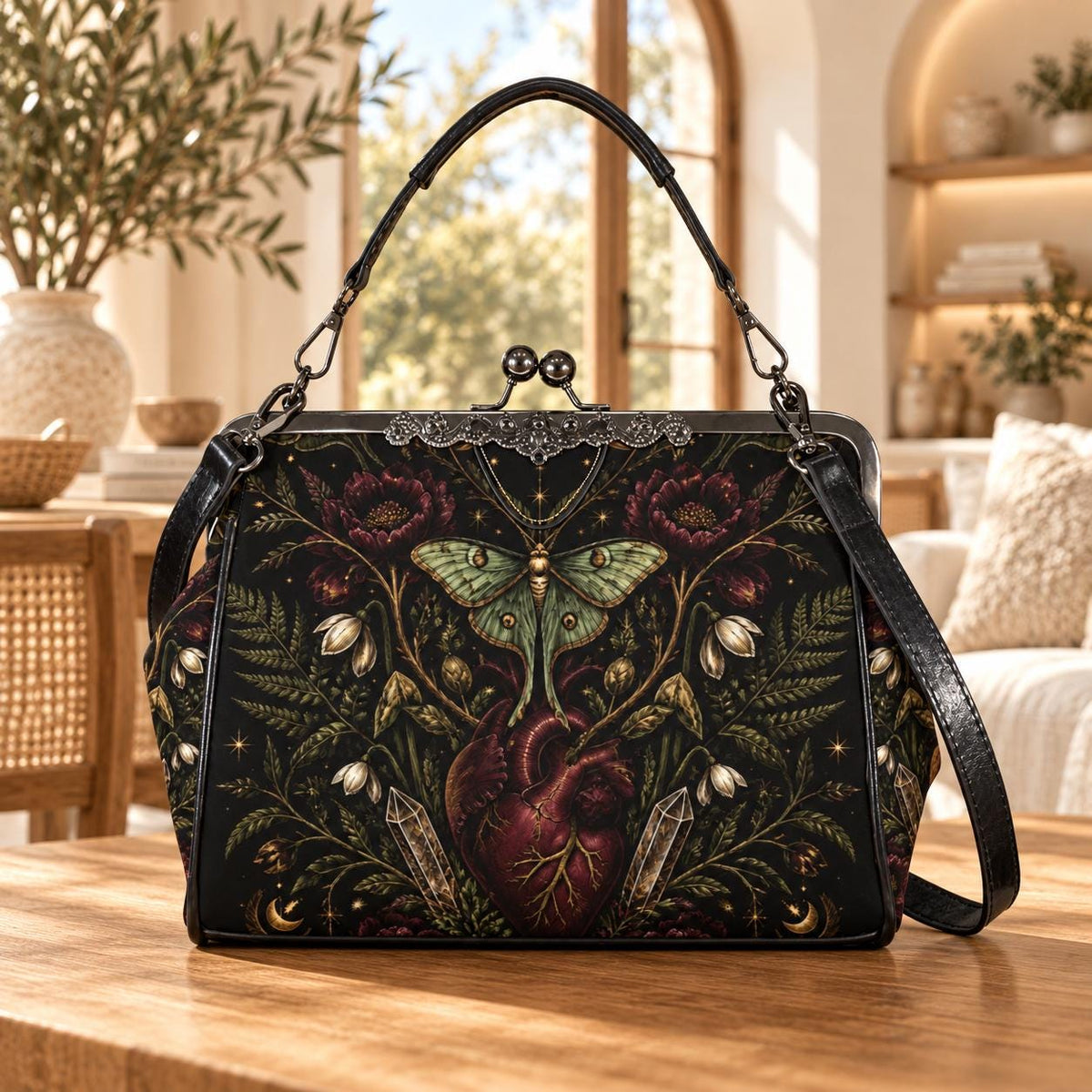Luna Moth Anatomical Heart Kiss Lock Handbag with Gothic Botanical Print and Crossbody Strap