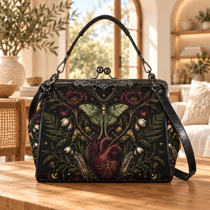 Luna Moth Anatomical Heart Kiss Lock Handbag with Gothic Botanical Print and Crossbody Strap