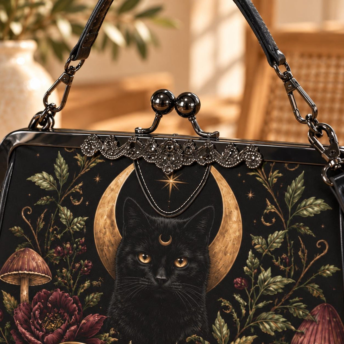 Black Cat Crescent Moon Kiss Lock Handbag with Luna Moth and Crossbody Strap