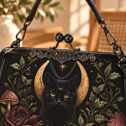 Black Cat Crescent Moon Kiss Lock Handbag with Luna Moth and Crossbody Strap
