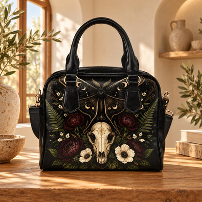 Gothic Skull and Golden Moth Shoulder Bag with Moon Phases and Crossbody Strap