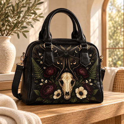 Gothic Skull and Golden Moth Shoulder Bag with Moon Phases and Crossbody Strap