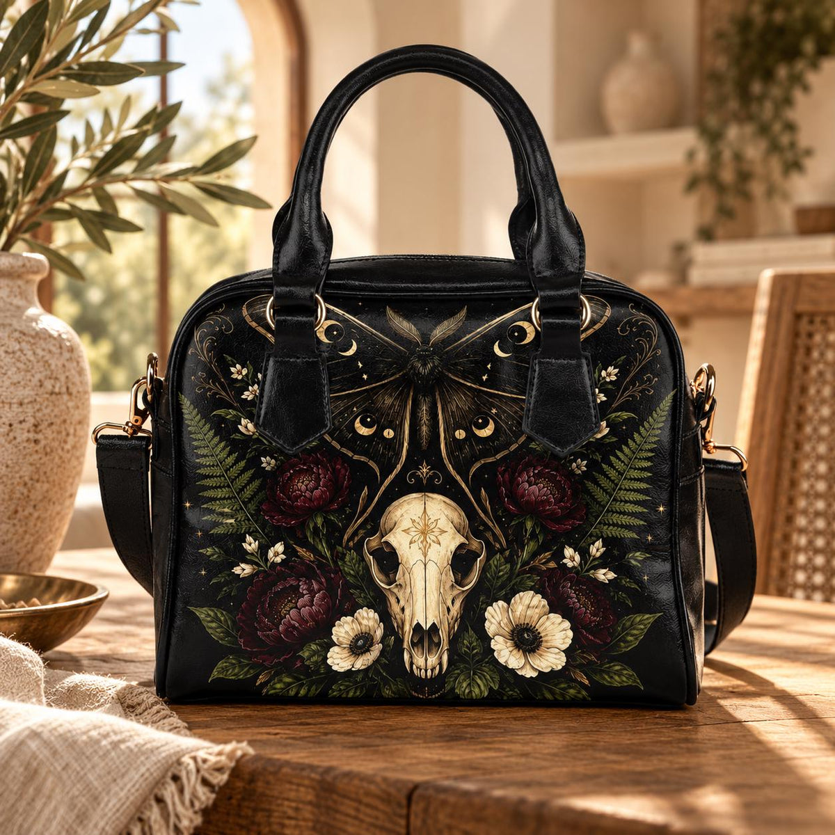 Gothic Skull and Golden Moth Shoulder Bag with Moon Phases and Crossbody Strap
