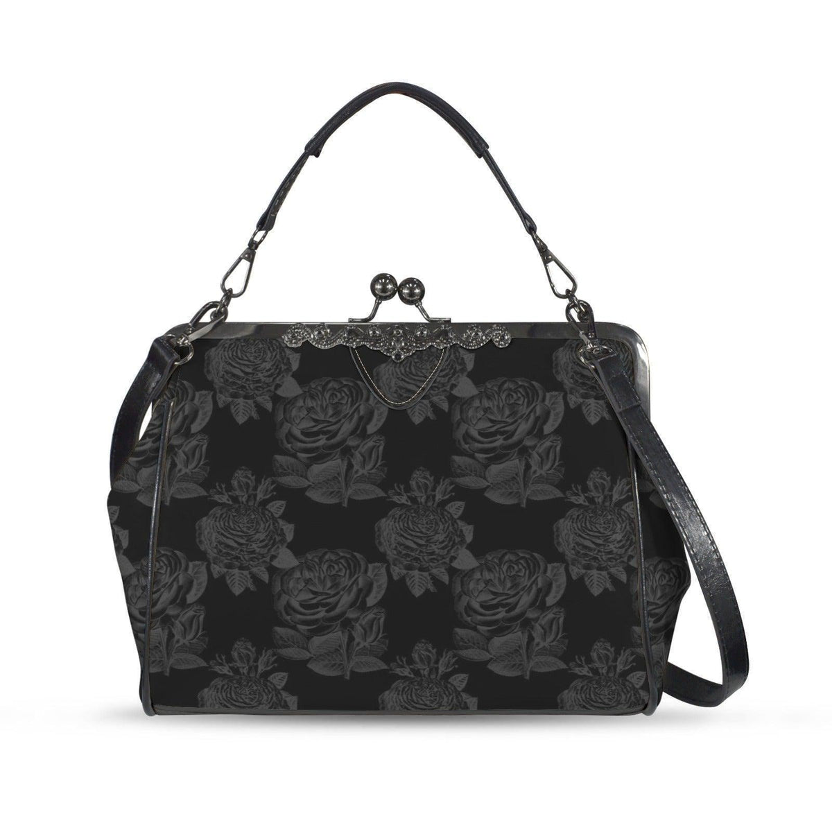 Black Rose Kisslock Bag, Dark Floral Vintage Handbag, Elegant Top Handle Evening Purse