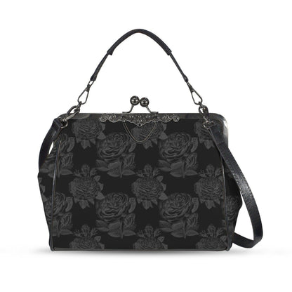 Black Rose Kisslock Bag, Dark Floral Vintage Handbag, Elegant Top Handle Evening Purse