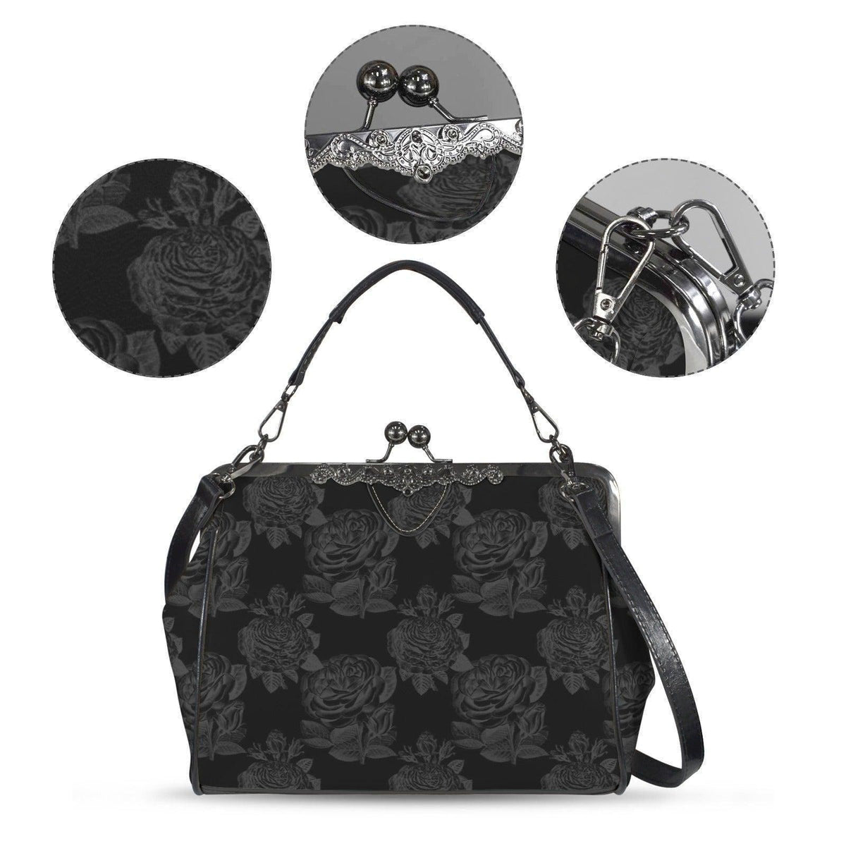 Black Rose Kisslock Bag, Dark Floral Vintage Handbag, Elegant Top Handle Evening Purse