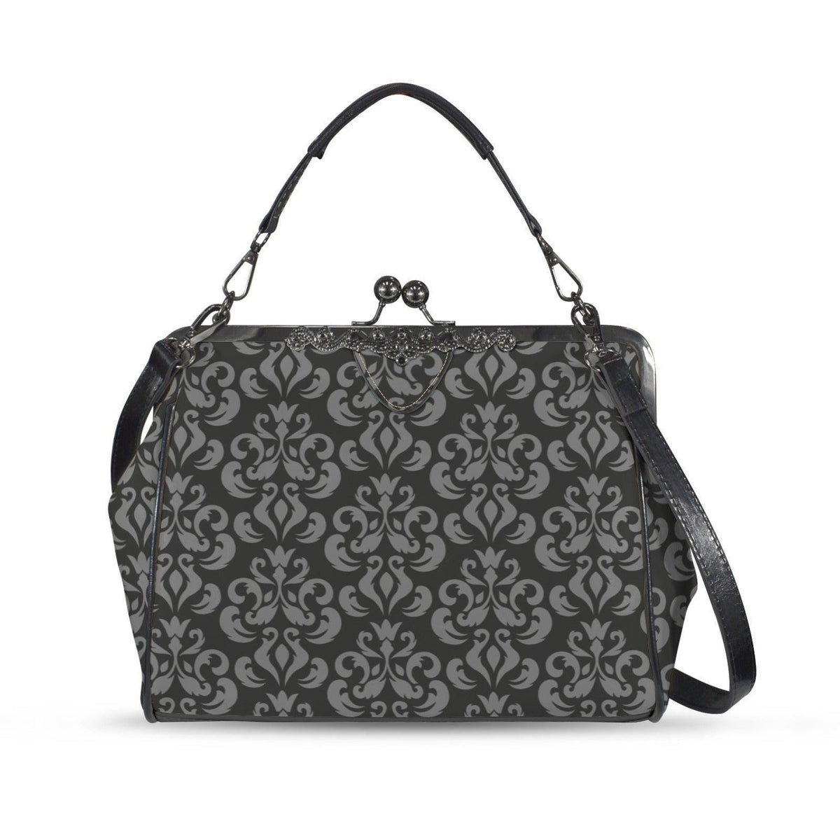 Gray Damask Frame Handbag, Victorian Kisslock Top Handle Purse