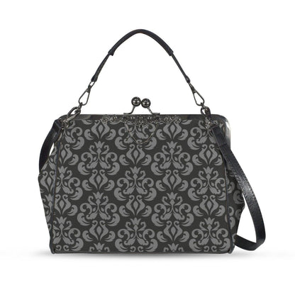 Gray Damask Frame Handbag, Victorian Kisslock Top Handle Purse