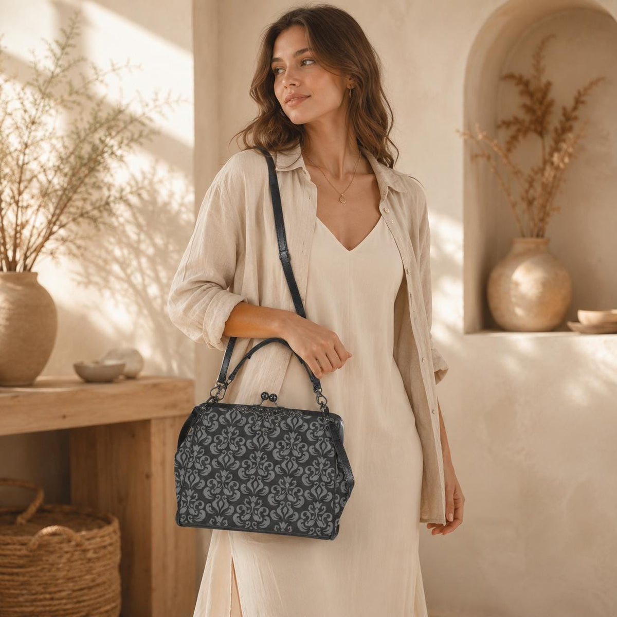 Gray Damask Frame Handbag, Victorian Kisslock Top Handle Purse