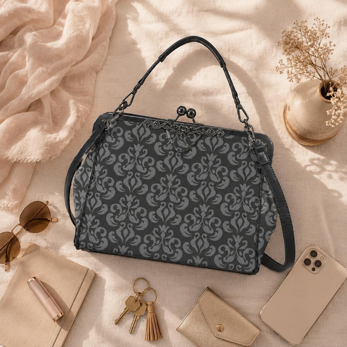 Gray Damask Frame Handbag, Victorian Kisslock Top Handle Purse