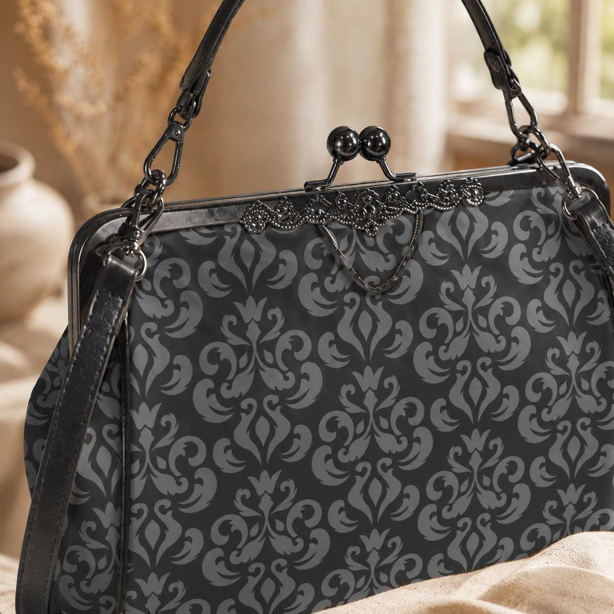 Gray Damask Frame Handbag, Victorian Kisslock Top Handle Purse