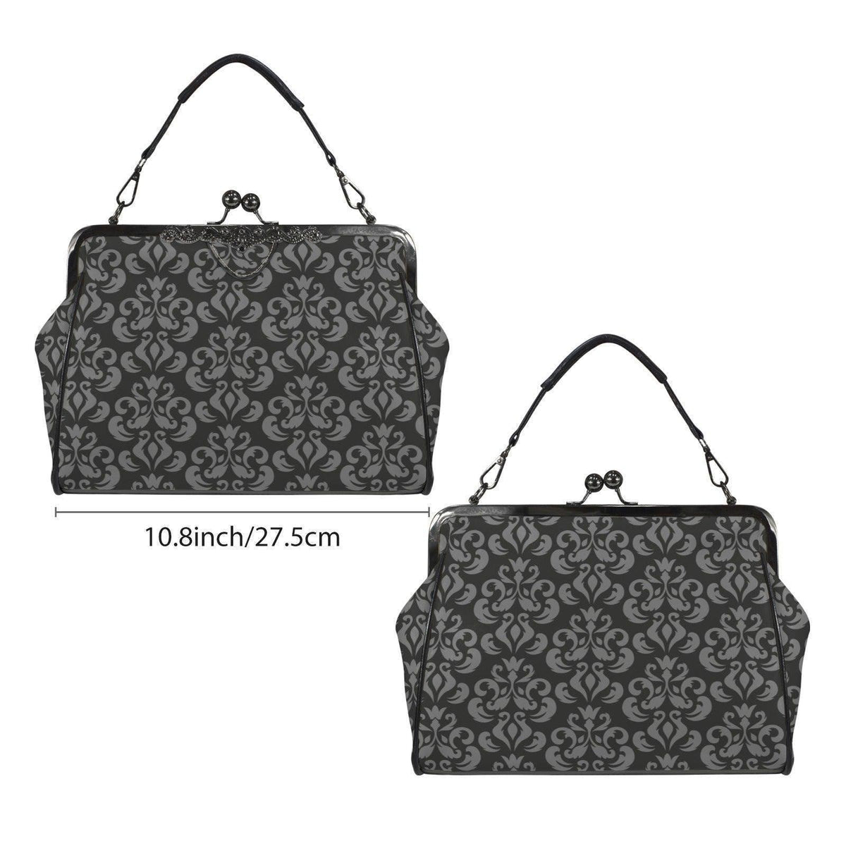 Gray Damask Frame Handbag, Victorian Kisslock Top Handle Purse
