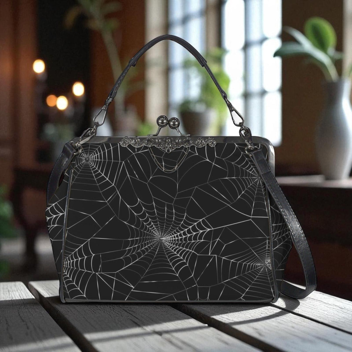 Gothic Spiderweb Satchel, Witchy Web Purse, Dark Halloween Bag, Waxed PU Leather Clutch
