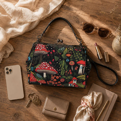 Enchanted Mushroom Handbag, Fairy Forest Clasp Purse, Woodland Cottage Satchel