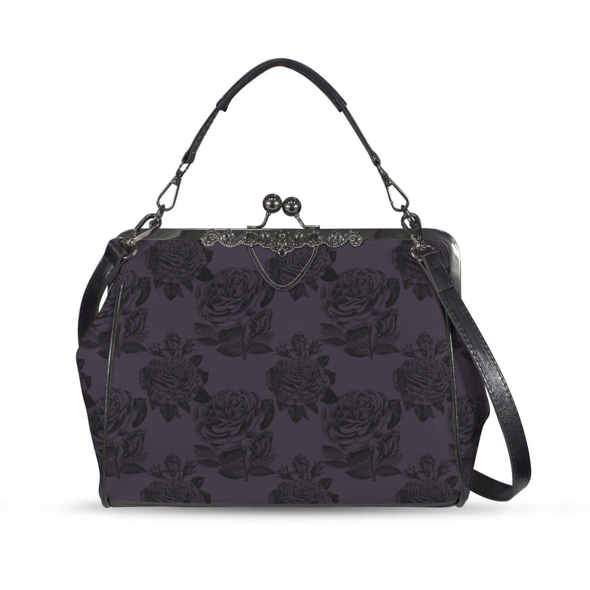 Gothic Rose Handbag, Dark Purple Kiss Lock Purse, Victorian Crossbody Bag