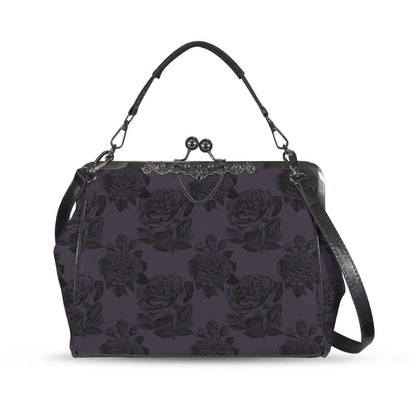 Gothic Rose Handbag, Dark Purple Kiss Lock Purse, Victorian Crossbody Bag